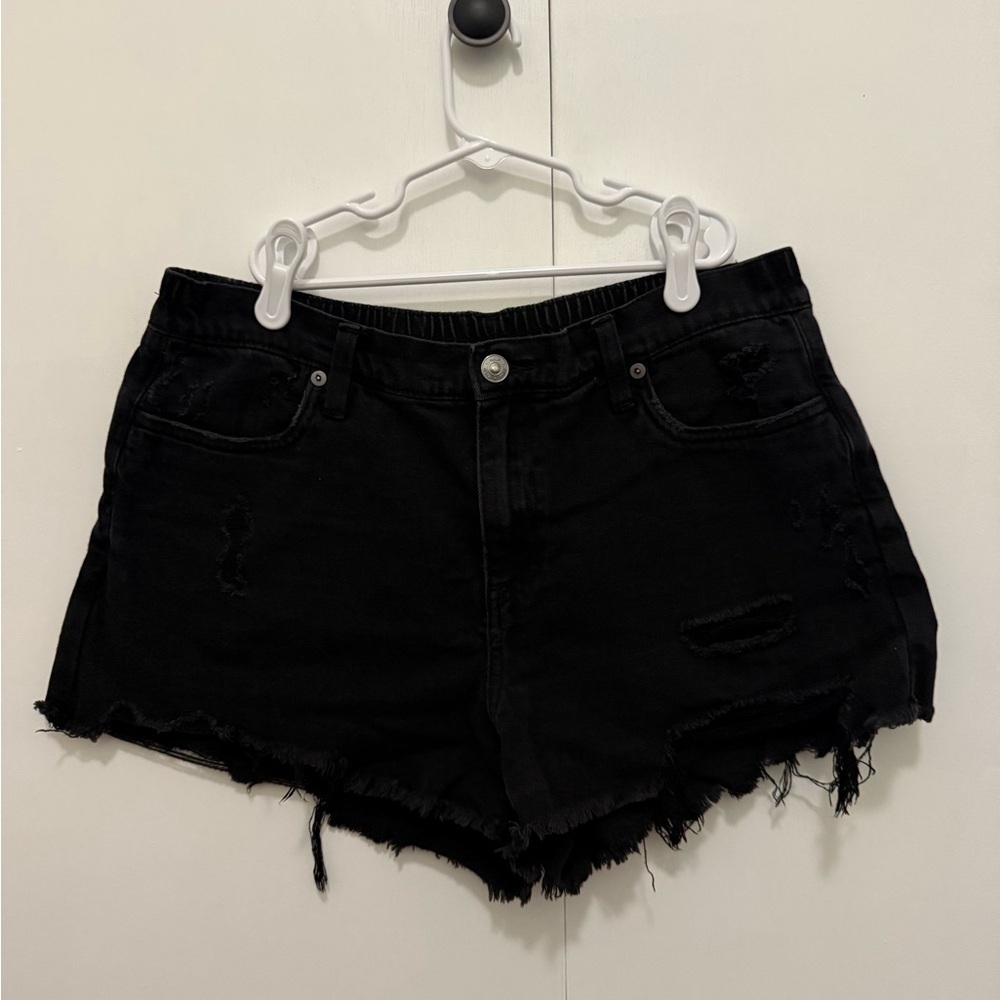 Aerie Black Distressed Denim Shorts with Stretchy Waistband, Size Medium